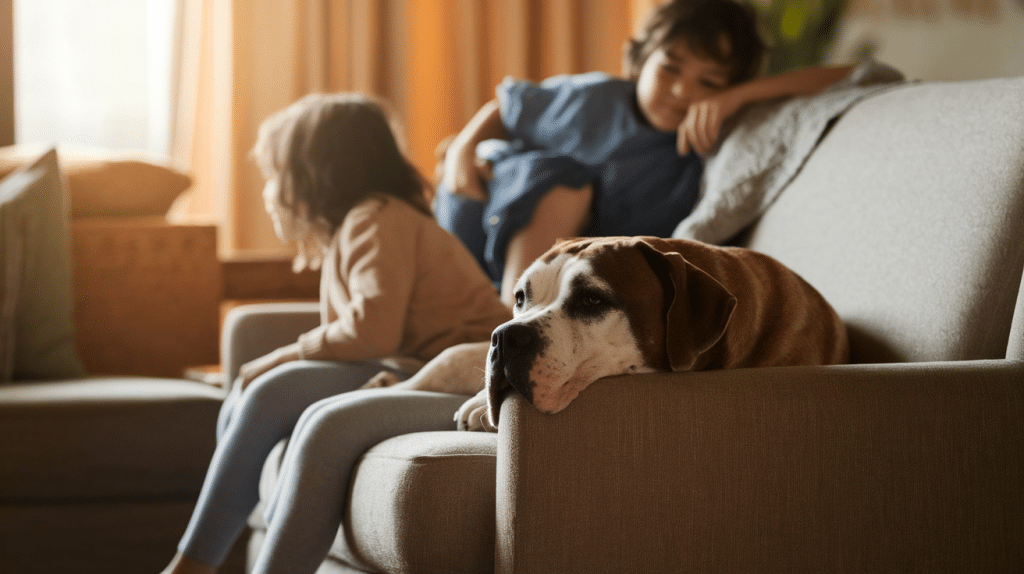 Cane Corso calmly watching over a family with children