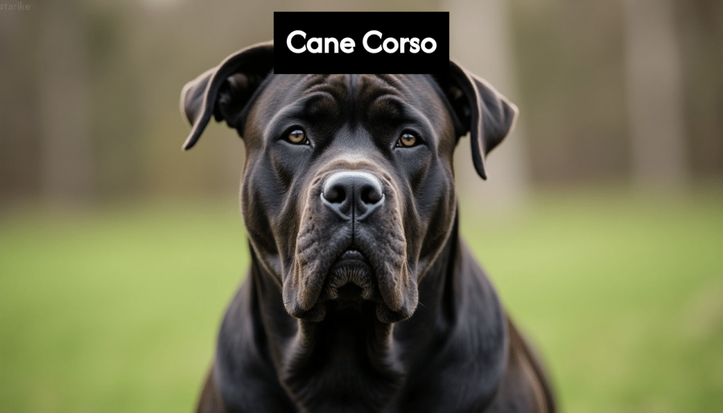 A large, muscular Cane Corso dog stands looking forward.