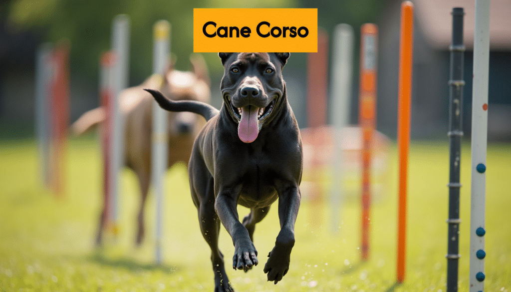 Cane Corso dog performing agility jump