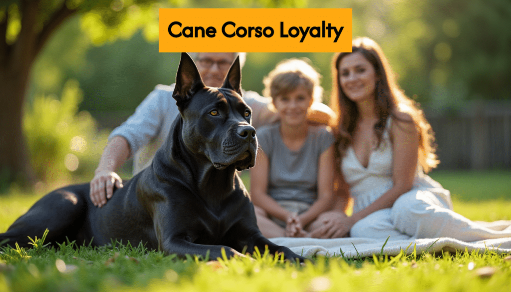 Cane Corso showing loyalty with family outdoors