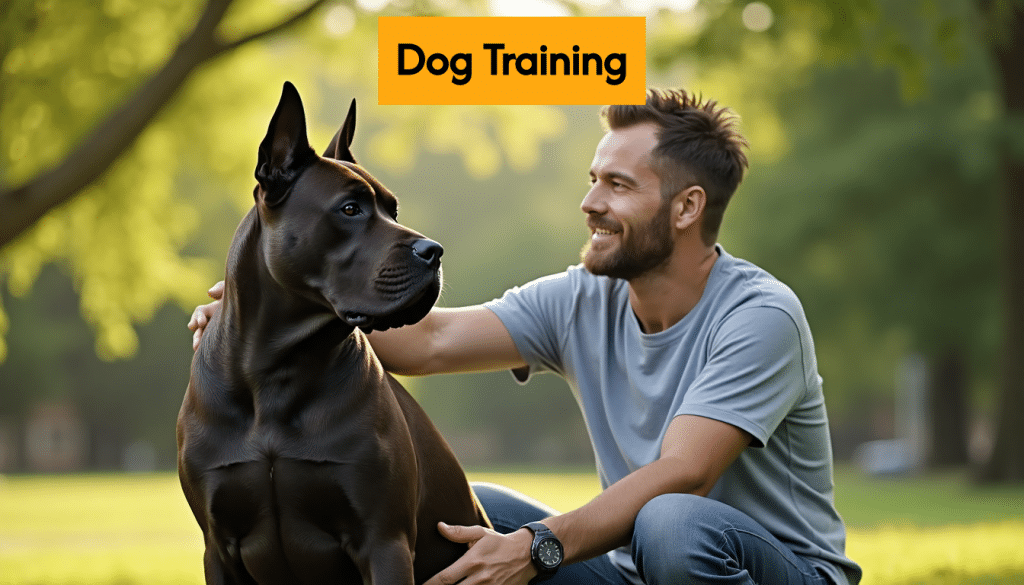 Cane Corso and owner connecting outside