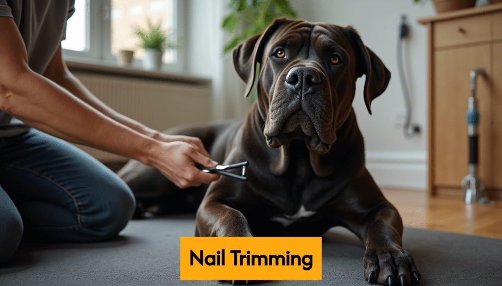 Cane Corso getting nails trimmed at home