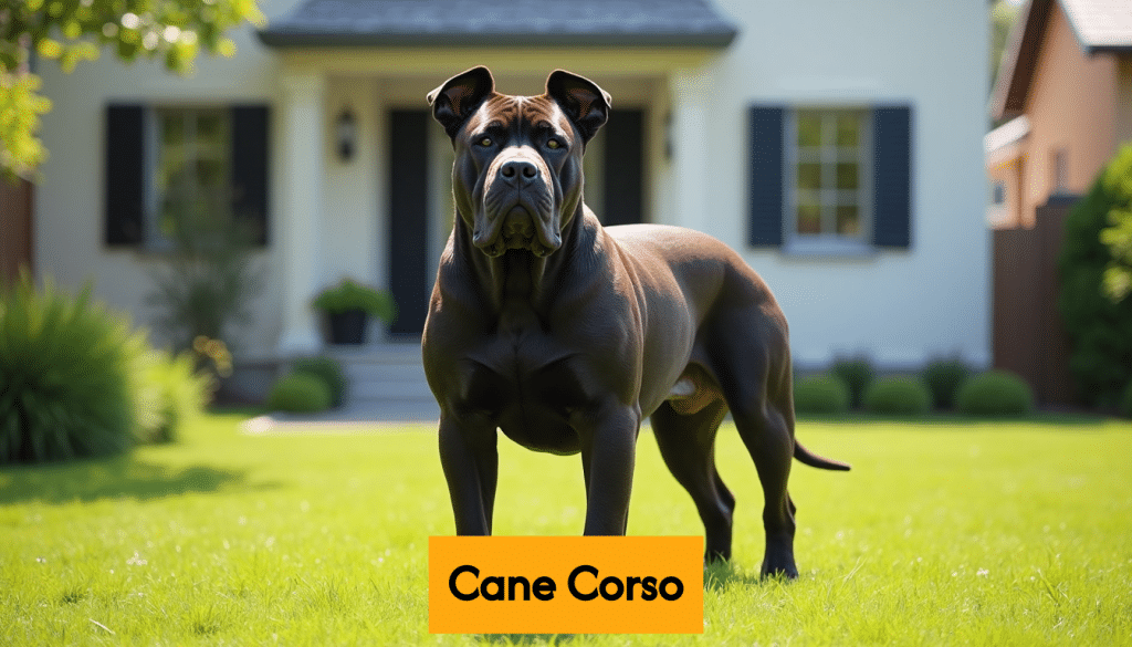 Cane Corso standing guard in front of house