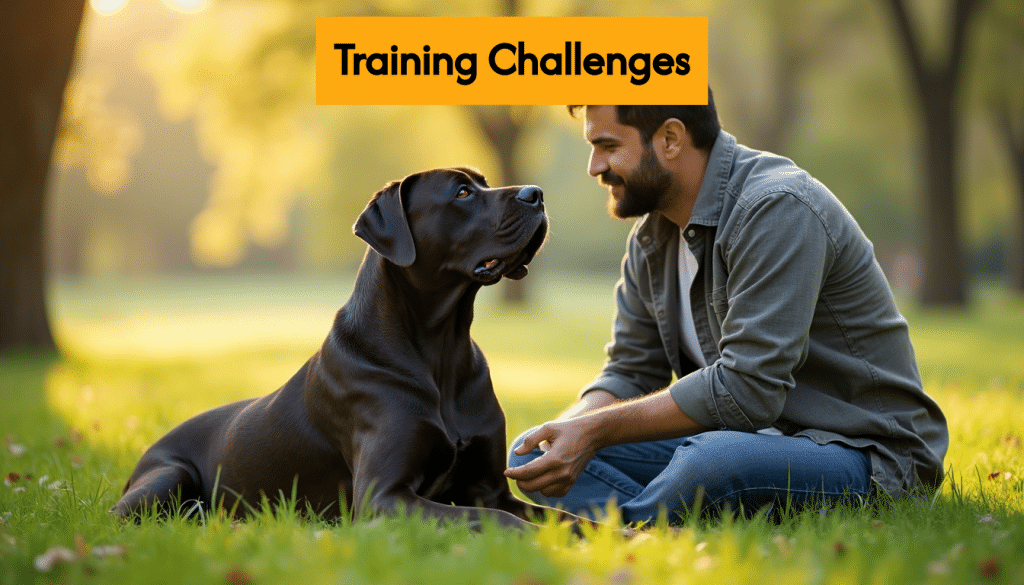 Cane Corso sitting beside owner in park
