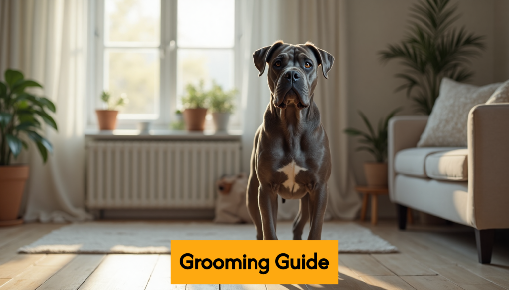 Groomed Cane Corso with shiny coat indoors