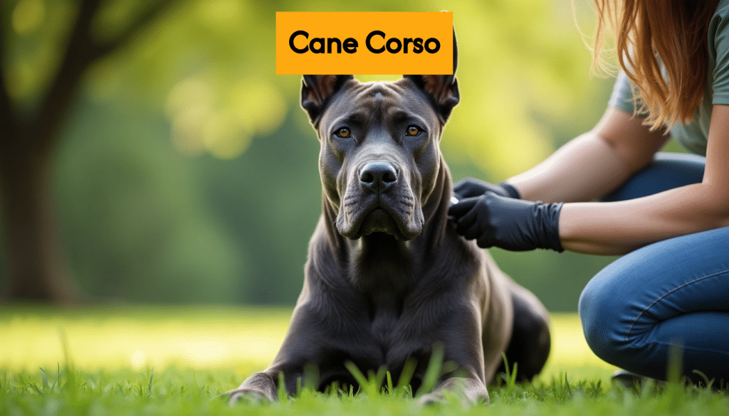 Cane Corso being groomed outdoors