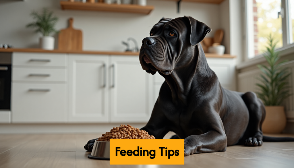 Healthy Cane Corso dog with bowl of dry food