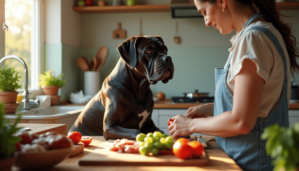 Owner prepares nutritious meal for Cane Corso in sunlit kitchen