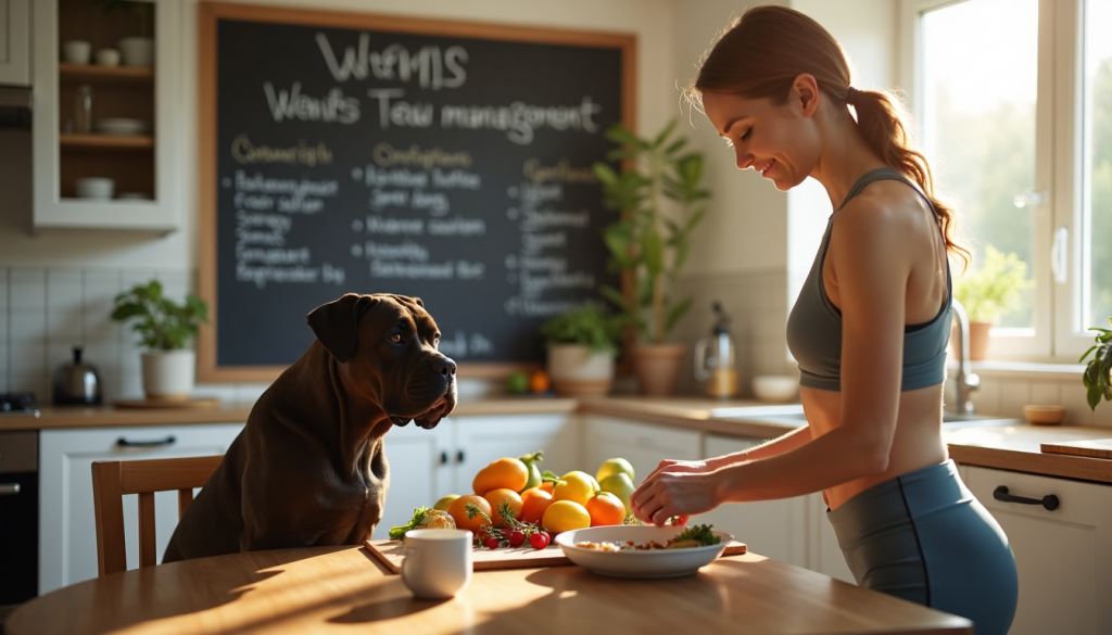 Woman measures food for Cane Corso in sunny kitchen