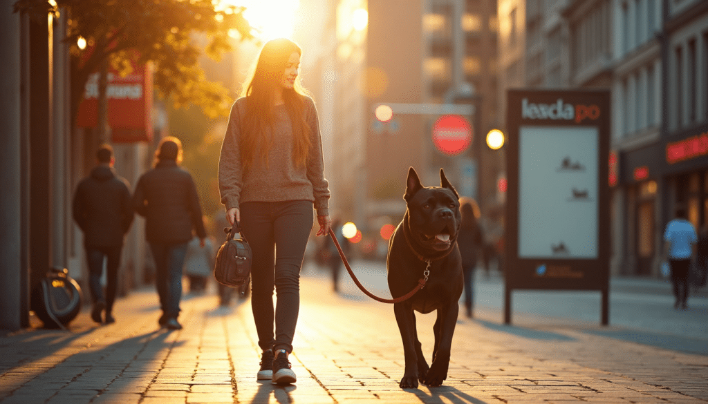 Cane Corso and owner start leash walk on sunlit city sidewalk