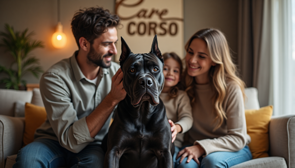 Family with Cane Corso by poster about coat colors