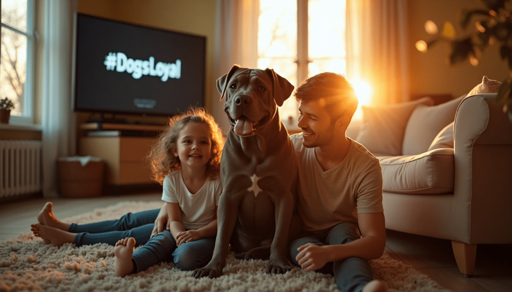 Cane Corso with loving family in sunlit living room