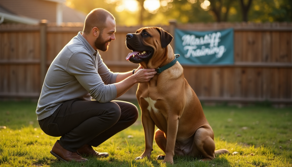 Cane Corso and owner training together in sunlit backyard