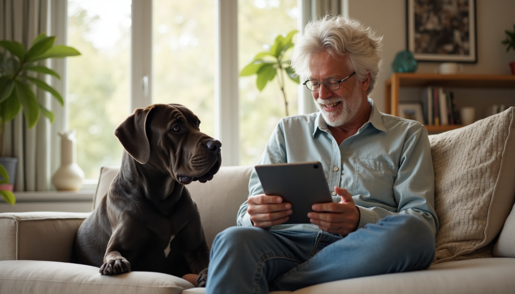 Owner with Cane Corso reviewing health screen, text on tablet frame