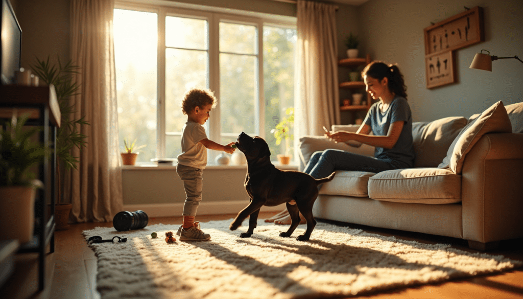 Family with playful Cane Corso puppy in sunlit living room