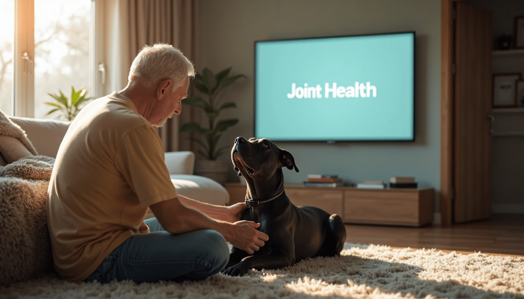 Cane Corso and owner with joint health banner on screen
