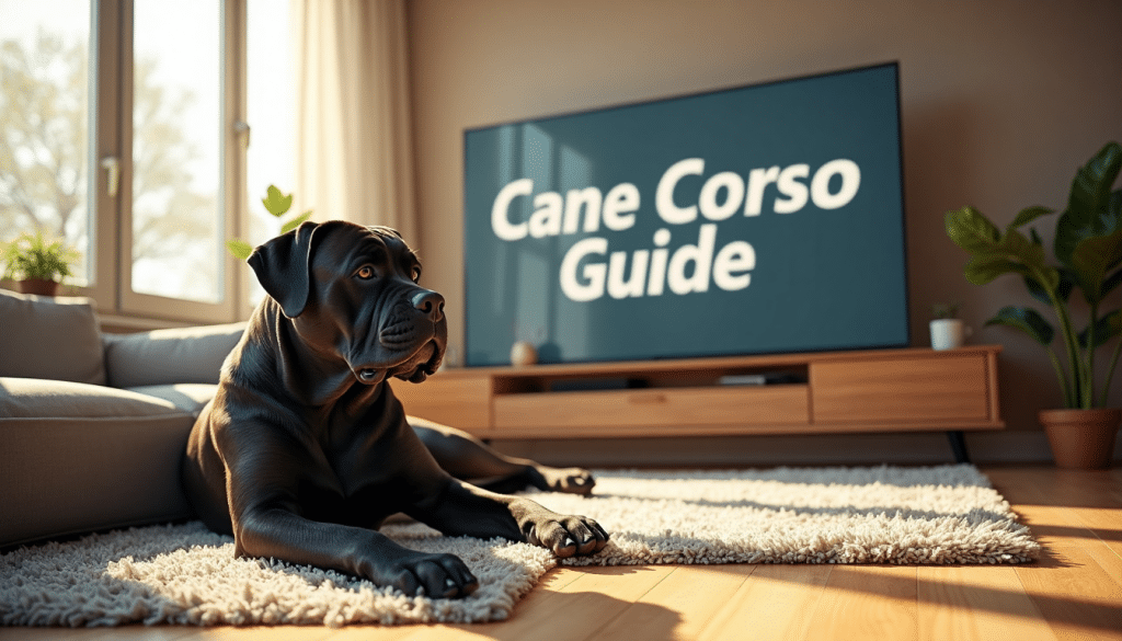 Family with Cane Corso in sunny modern living room