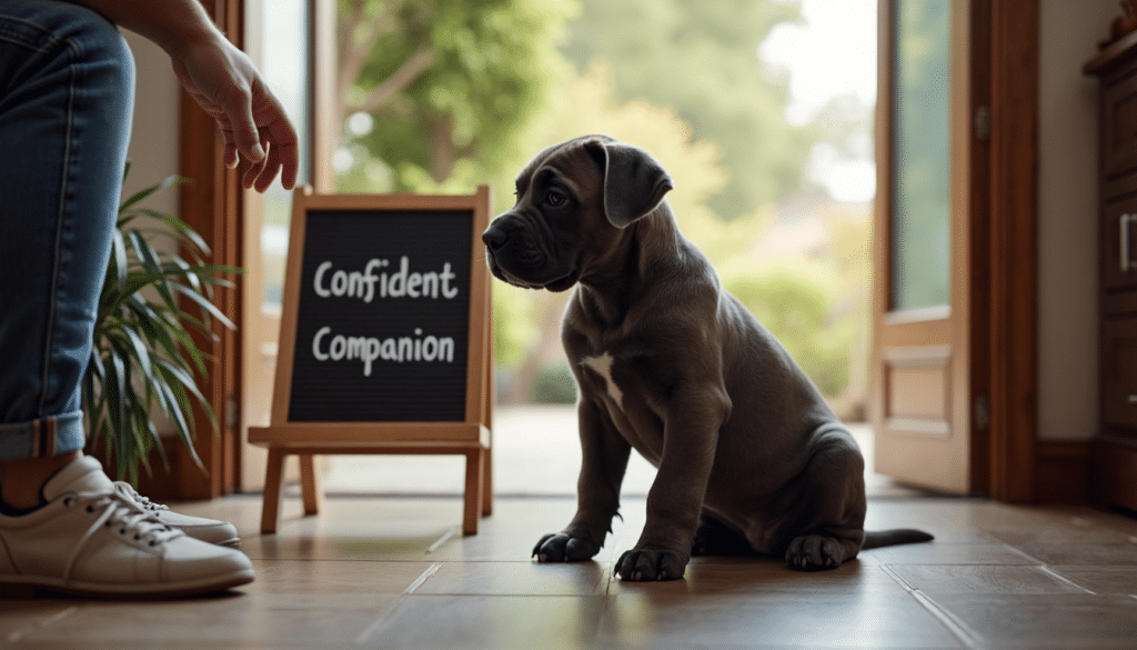 Owner greeting Cane Corso puppy at home entryway