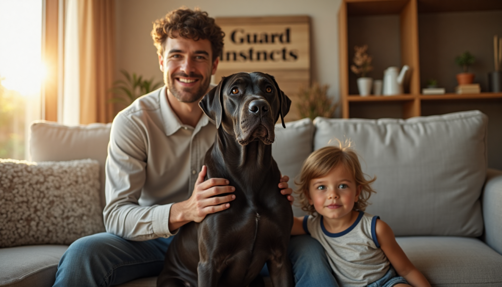 Cane Corso sits alert with family in sunlit living room