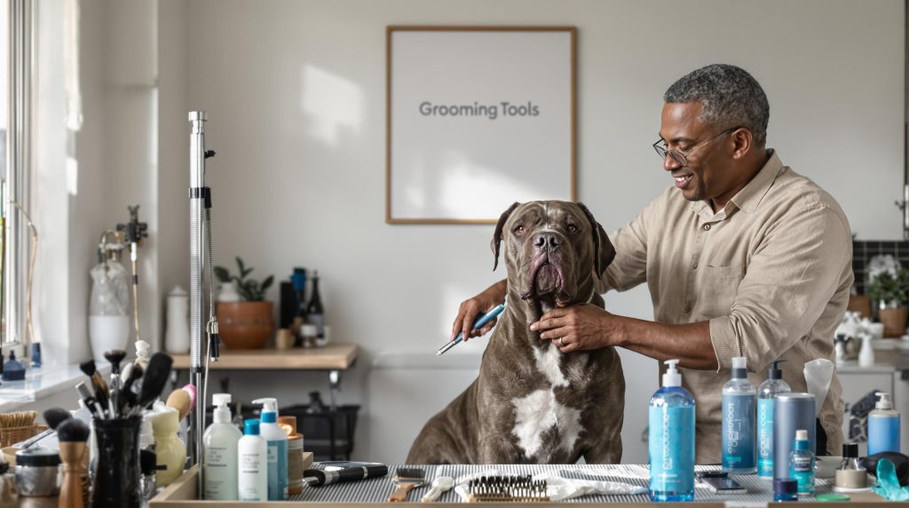 Owner brushing Cane Corso with grooming tools in natural home setting
