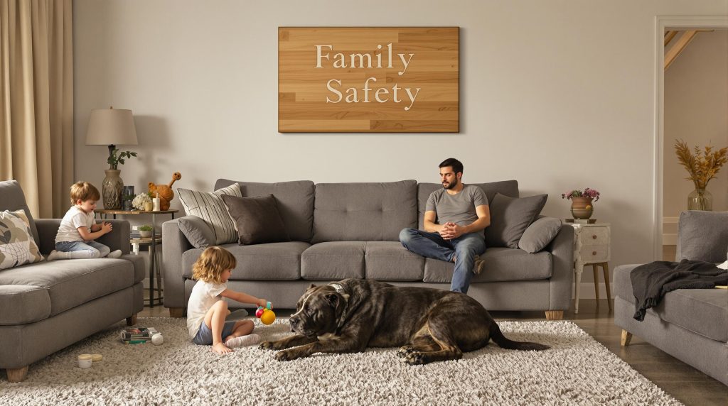 Family with Cane Corso and children in supervised home environment