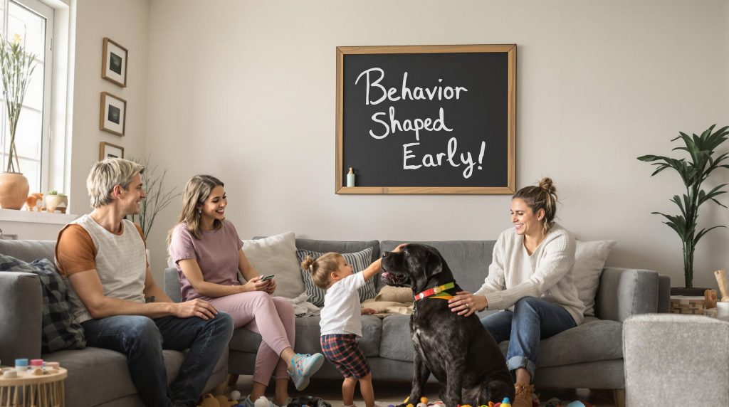 Cane Corso puppy bonding with family under chalkboard reading 'Behavior Shaped Early'