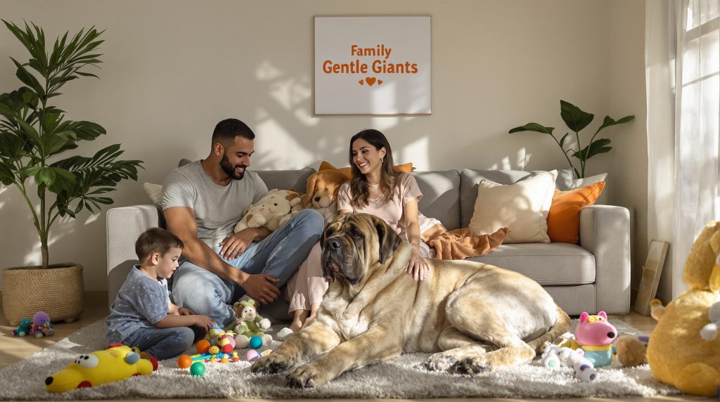 Mastiff lying with family in cozy living room