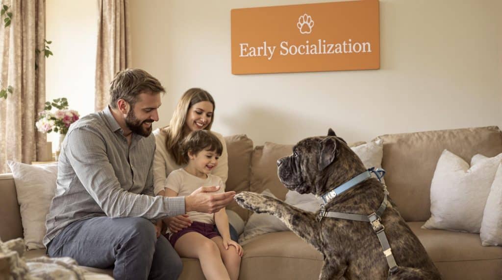 Cane Corso puppy meeting family members in warm living room