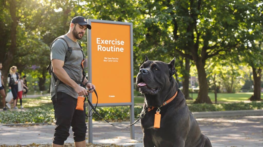 Athletic Cane Corso being walked by owner in park with 'Exercise Routine' on noticeboard
