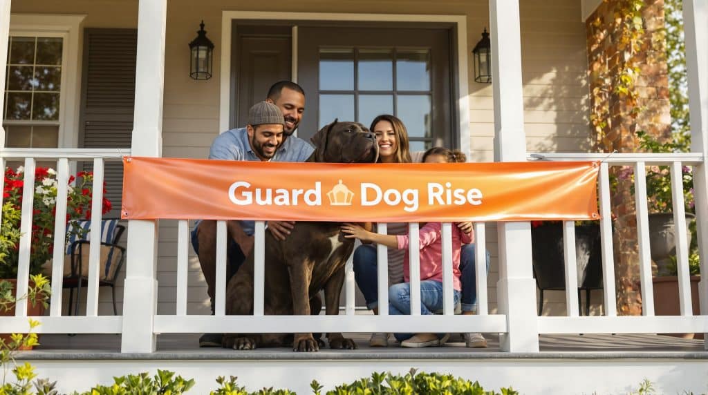Cane Corso with American family on porch, banner says Guard Dog Rise