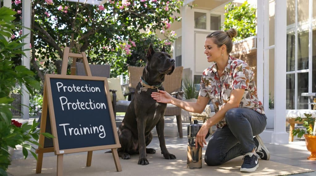 Trainer guiding attentive Cane Corso in protection training outdoors
