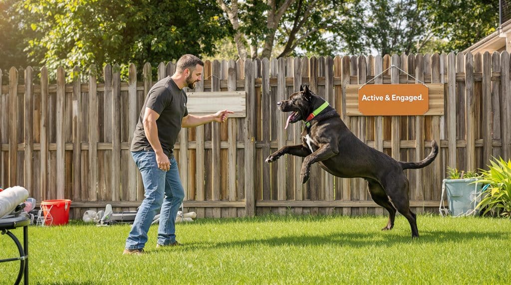 Owner playing with energetic Cane Corso in sunny yard, showcasing active lifestyle