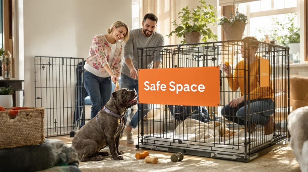 Cane Corso and owner crate training in cozy home, 'Safe Space' on crate