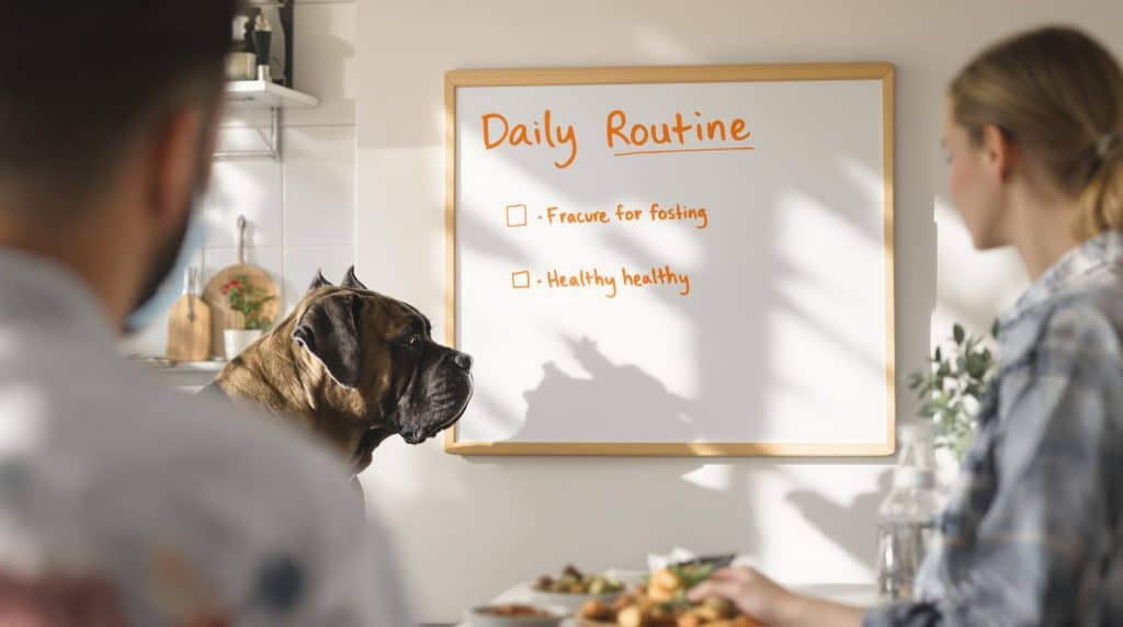 Owner and Cane Corso in sunlit kitchen with daily routine visible