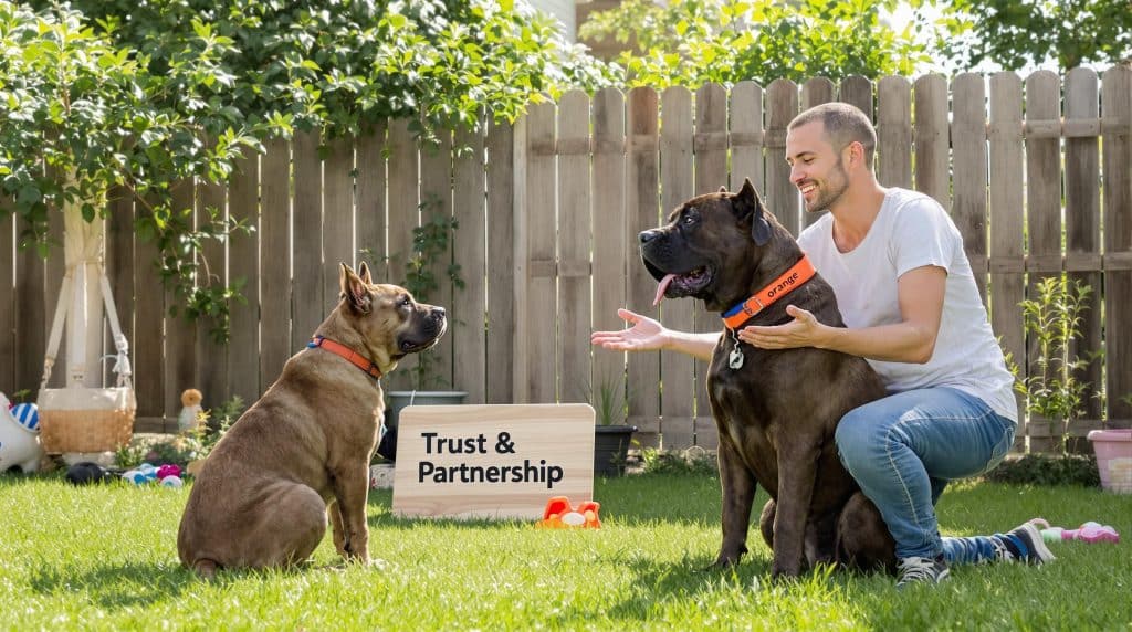Cane Corso sitting with handler, bond of trust visible
