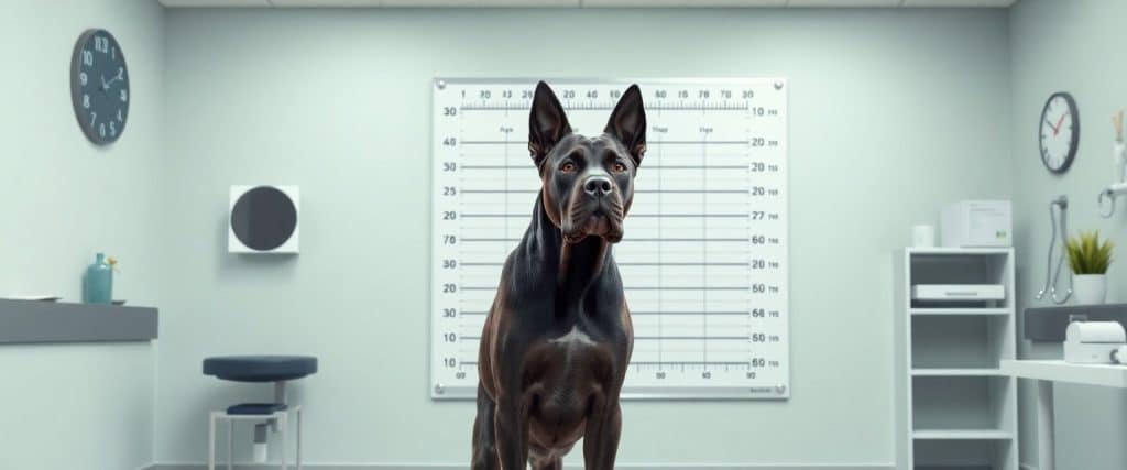 Cane Corso weight chart displayed in a veterinary office wall setting.